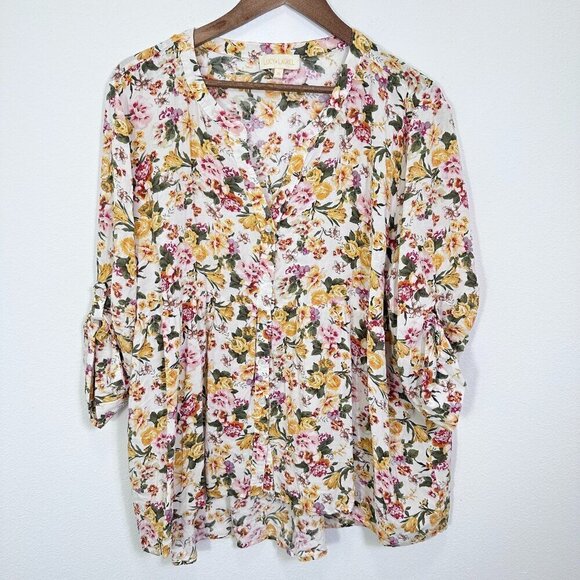Lucy & Laurel Yellow Pink Floral Grannycore Popover V Neck Blouse Size 2X - Picture 1 of 8